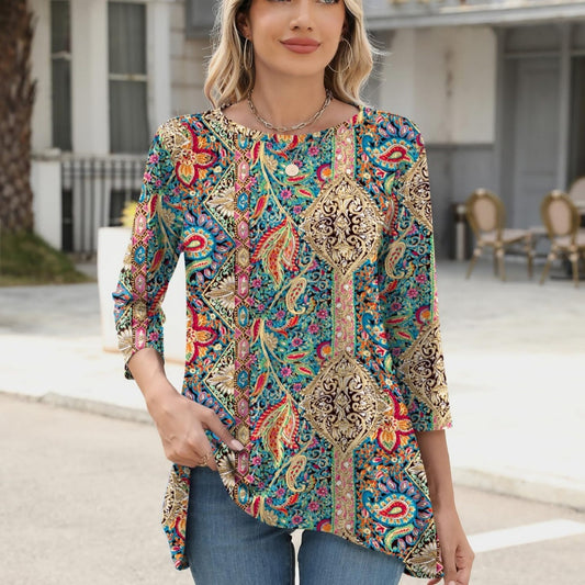 Women's Three-quarter Sleeve Waist Loose Round Neck Casual Top