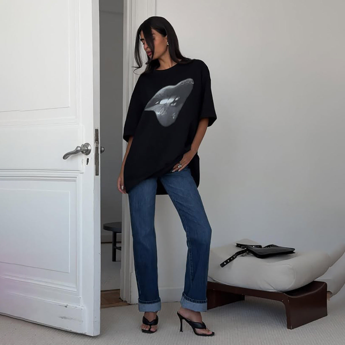 Fashion Tide Brand Women's Clothing Washed Lip Printings