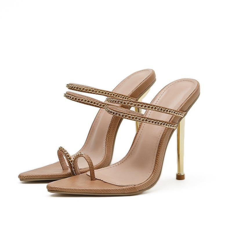 Metal Chain Pointed Toe Fashion High-heel Sandals And Slippers