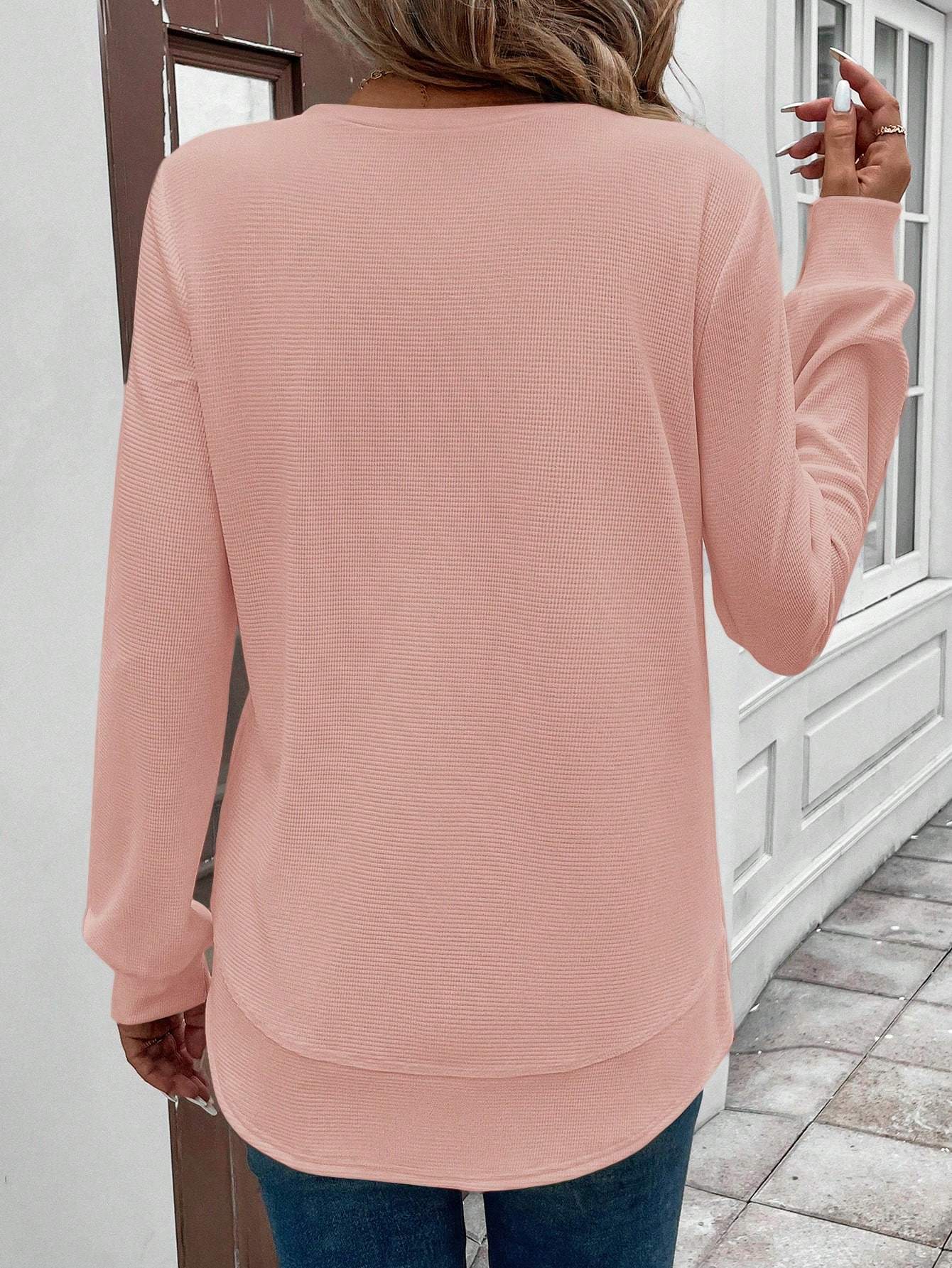 Women's Casual Comfortable Basic Crew Neck Asymmetrical Hem Waffle
