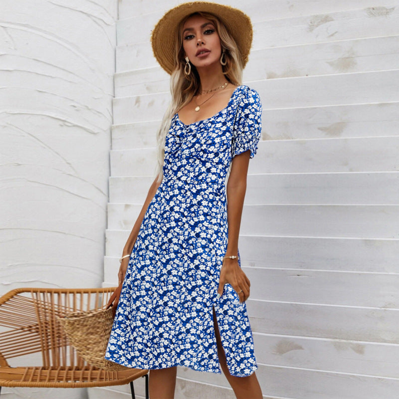 Women's Slit Square Collar Petal Sleeve Dress