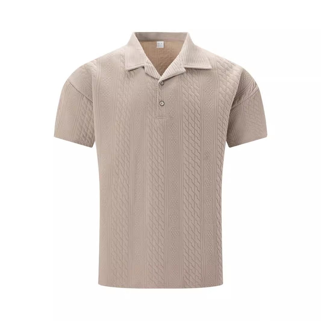 Simple Fashion Solid Color Polo Collar Men's Button Jacquard Short Sleeve