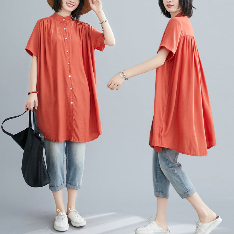 Women's Mid-length Short Sleeve Breasted Stand Collar Irregular Shirt