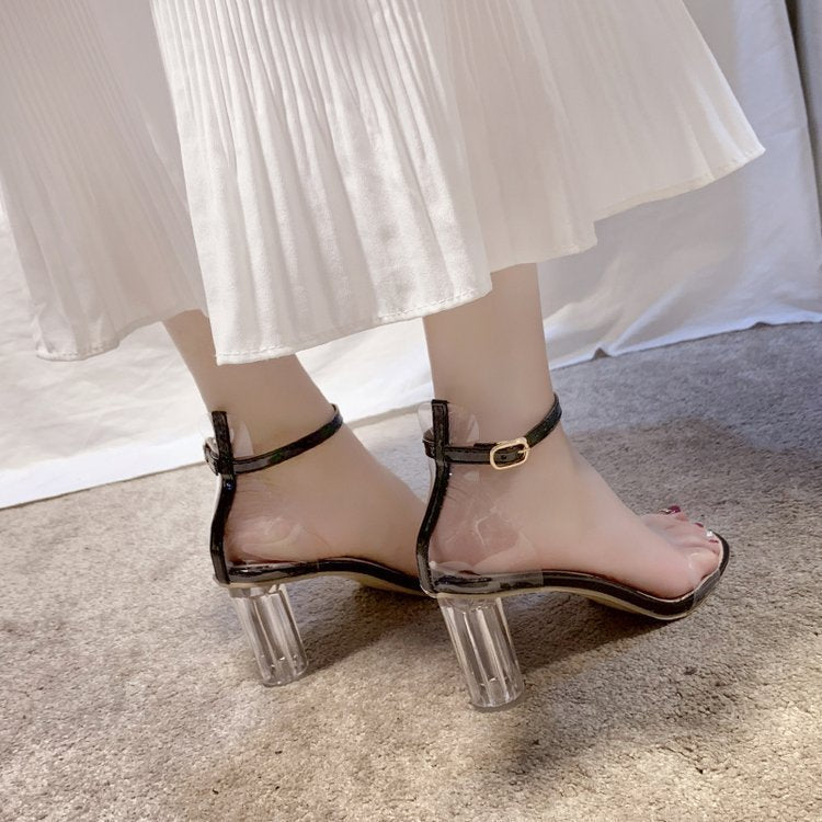 One-word Buckle Transparent Sandals With Crystal Chunky Heels