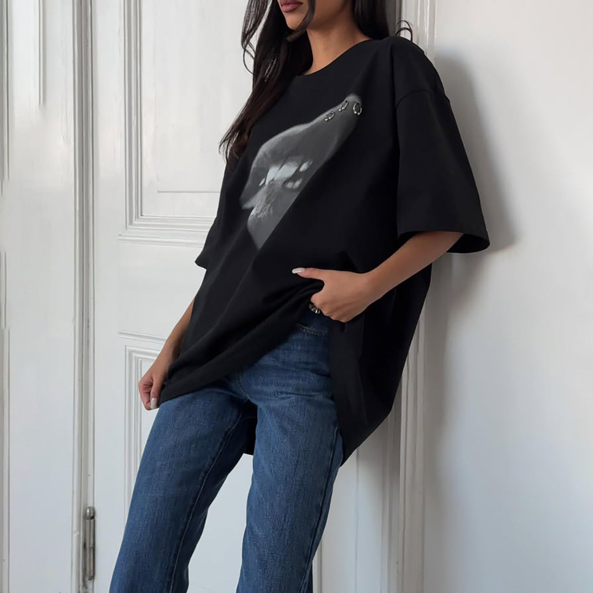 Fashion Tide Brand Women's Clothing Washed Lip Printings