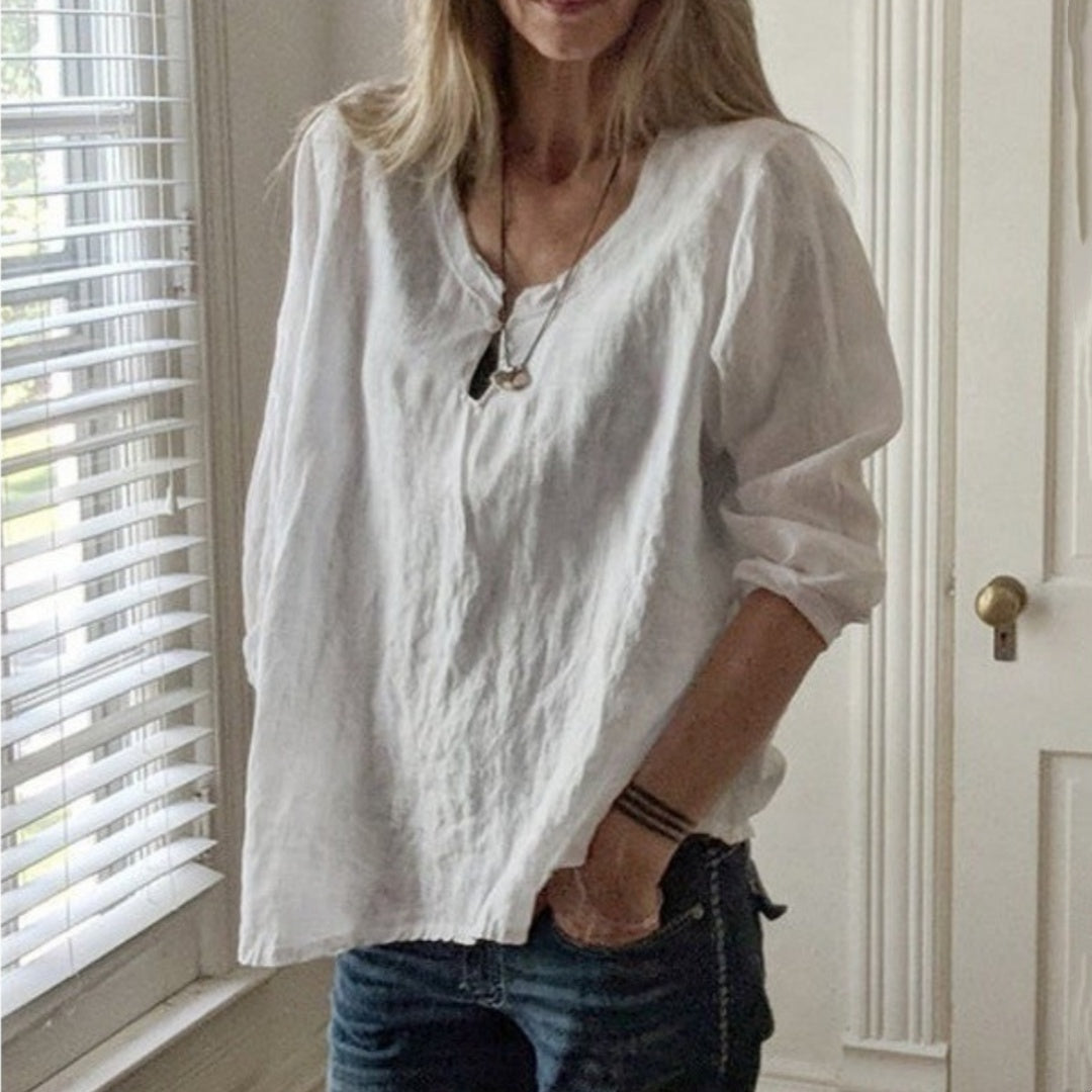 Women's Fashion Cotton Linen Loose-fitting V-neck Long Sleeves T-shirt
