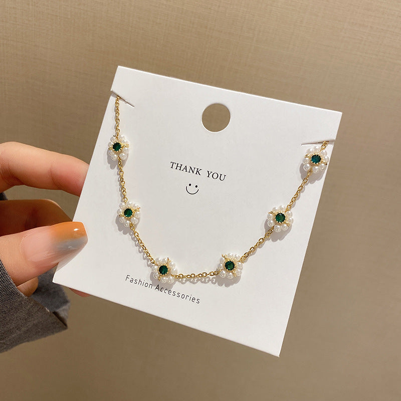 Flower Pearl Green Zirconium Bracelet Women Light Luxury