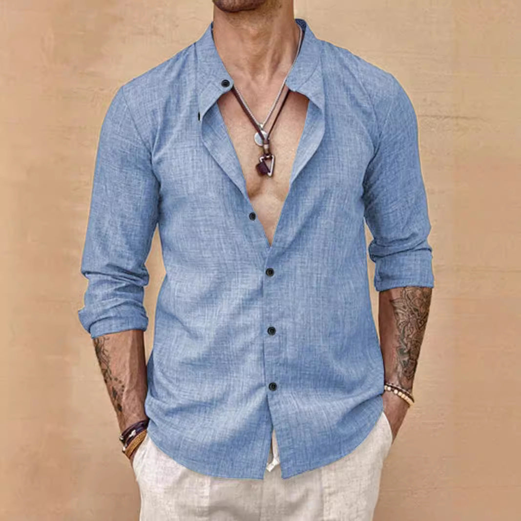 Stand Collar Long Sleeve Men's Cardigan Shirt Men's Top