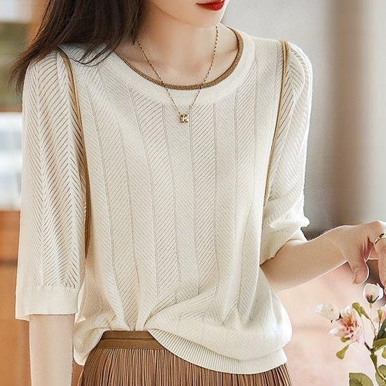 Summer New Loose Thin Mid Sleeve Round Neck Top