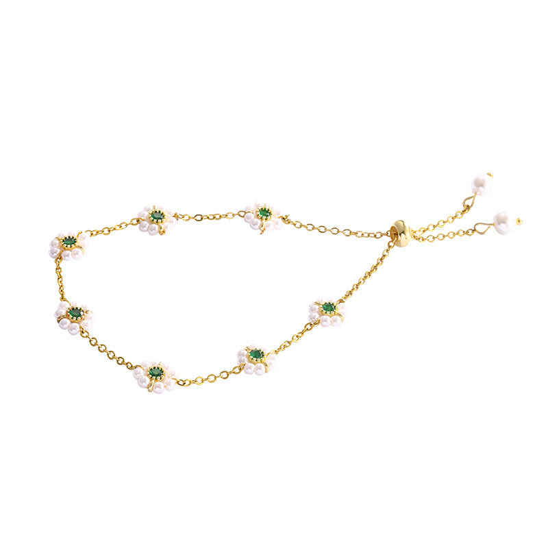 Flower Pearl Green Zirconium Bracelet Women Light Luxury