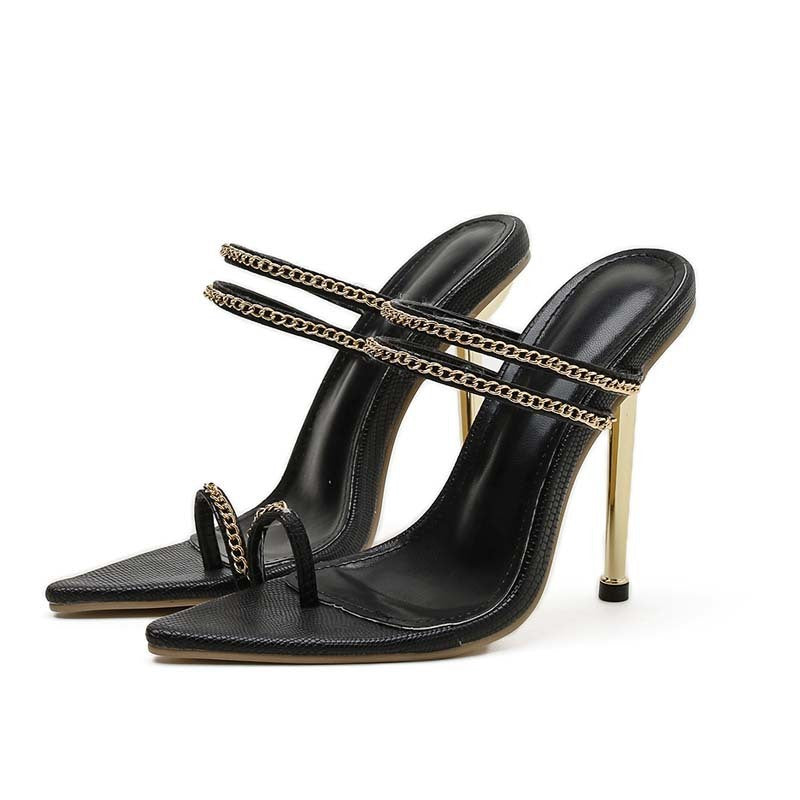 Metal Chain Pointed Toe Fashion High-heel Sandals And Slippers