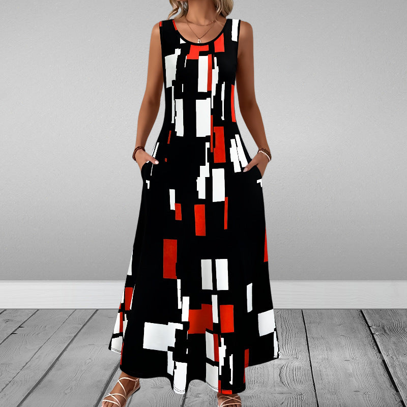 Sleeveless Slim Fit Elegant Printed Pocket Dress