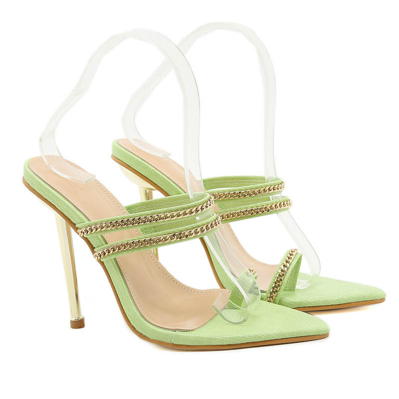 Metal Chain Pointed Toe Fashion High-heel Sandals And Slippers