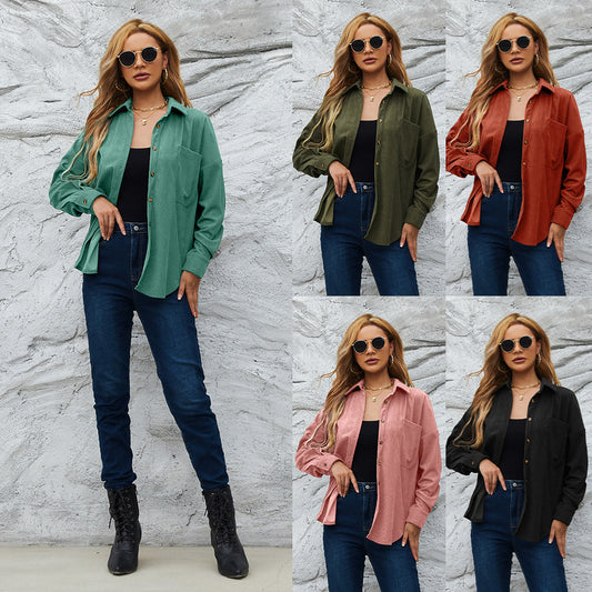 Corduroy Women's American Loose Jacket Coat Solid Color Shirt