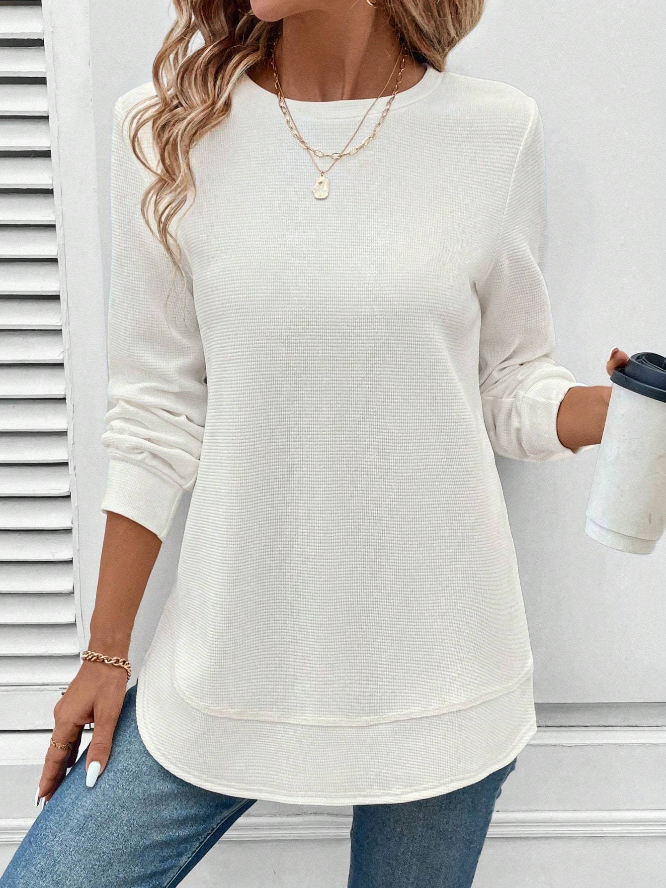 Women's Casual Comfortable Basic Crew Neck Asymmetrical Hem Waffle