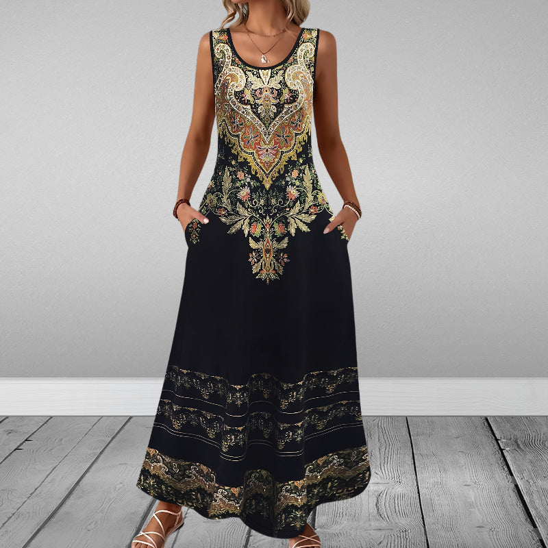 Sleeveless Slim Fit Elegant Printed Pocket Dress