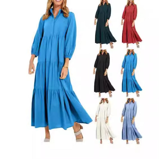 New Button Lapel Fashion Pullover High Waist Casual Dress Ladies