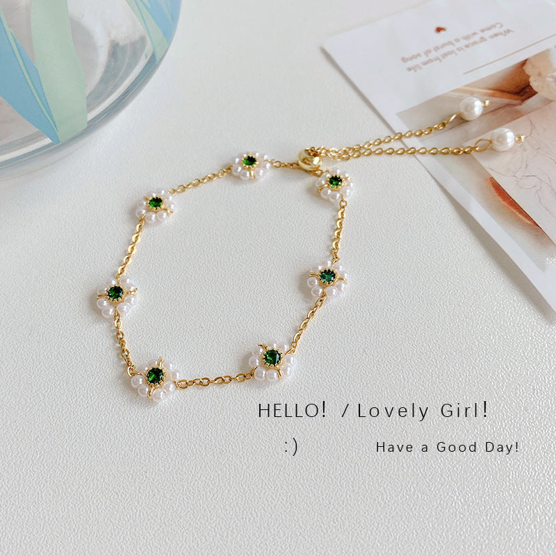 Flower Pearl Green Zirconium Bracelet Women Light Luxury