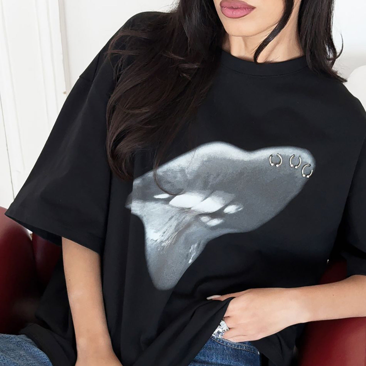 Fashion Tide Brand Women's Clothing Washed Lip Printings