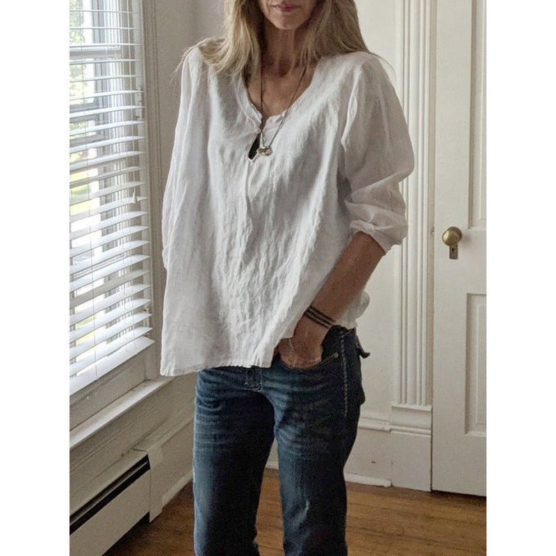 Women's Fashion Cotton Linen Loose-fitting V-neck Long Sleeves T-shirt