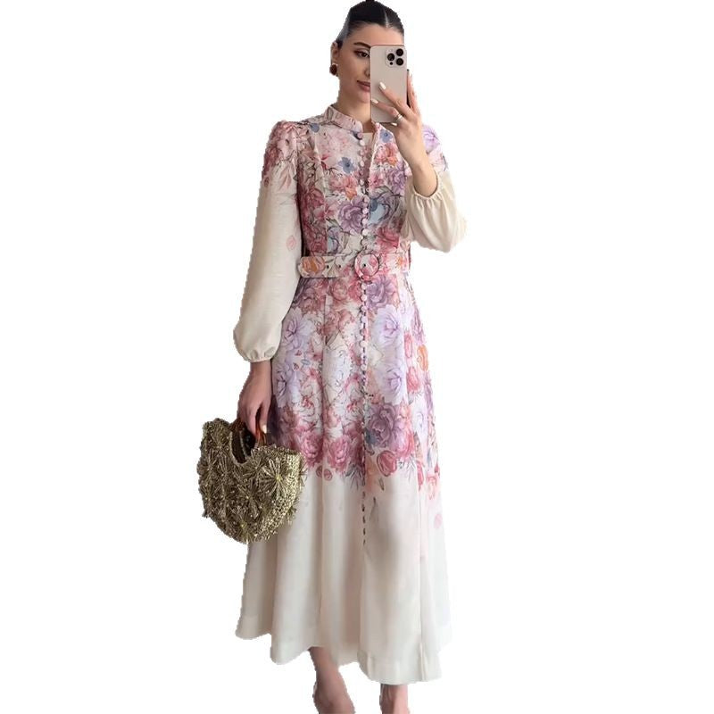 Women's Clothing Single-breasted Long Sleeve Belt Printed Dress