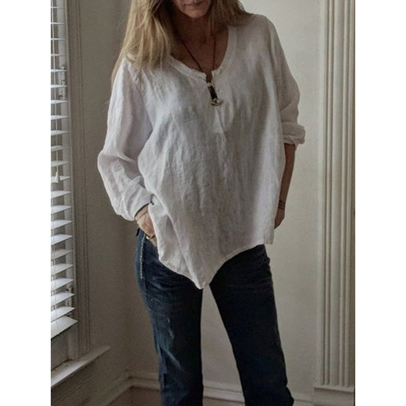 Women's Fashion Cotton Linen Loose-fitting V-neck Long Sleeves T-shirt