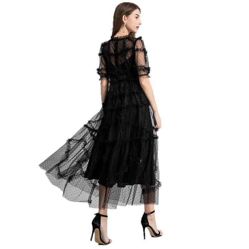 French Heavy Industry Retro Round Neck Short Sleeves Polka Dot Wooden Ear Swing Dress