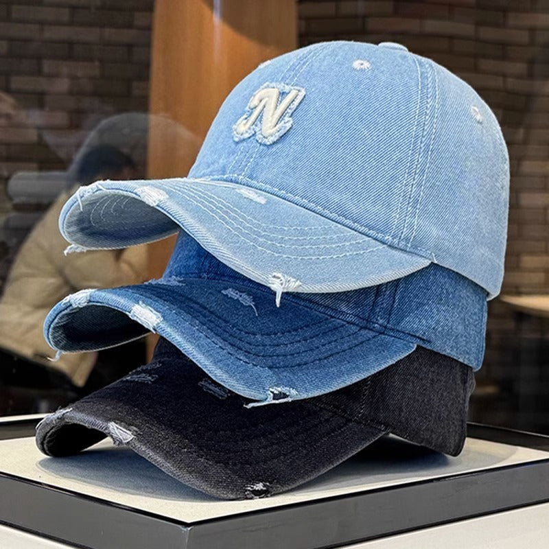 Embroidered Denim Letter Baseball Women's Ripped Peaked Cap Sun Hat