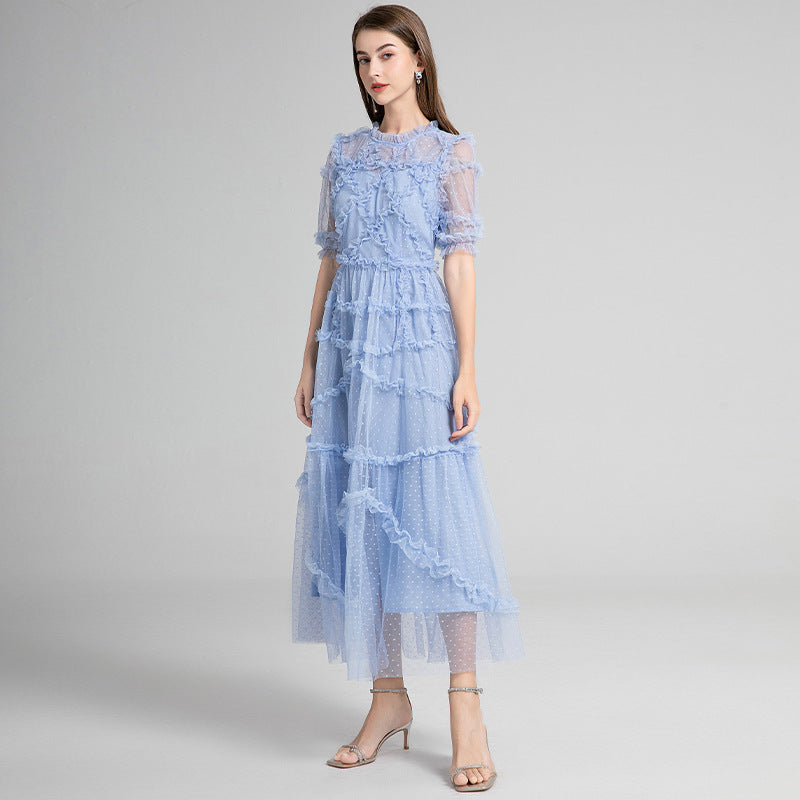 French Heavy Industry Retro Round Neck Short Sleeves Polka Dot Wooden Ear Swing Dress