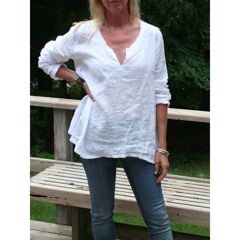 Women's Fashion Cotton Linen Loose-fitting V-neck Long Sleeves T-shirt