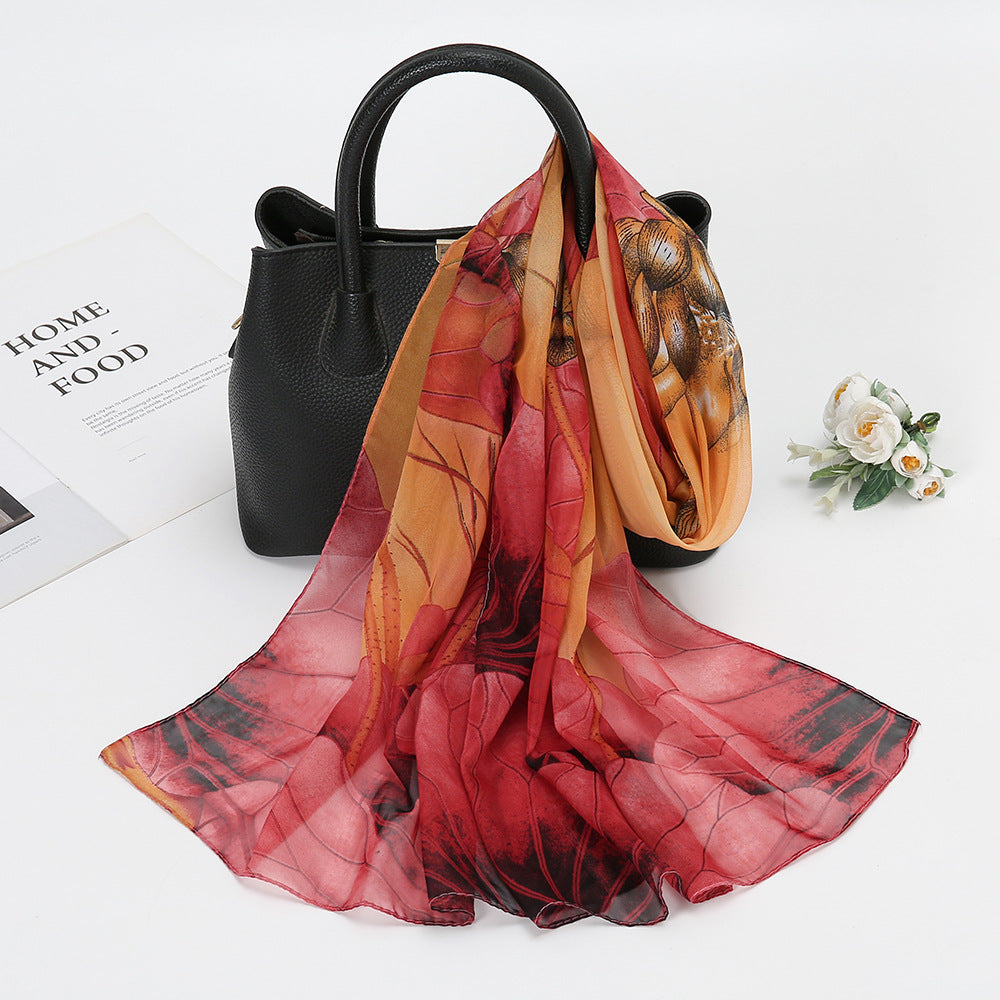 Thin Chiffon Lotus Pond Moonlight Printed Silk Scarf