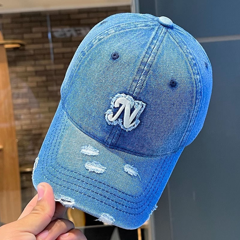 Embroidered Denim Letter Baseball Women's Ripped Peaked Cap Sun Hat