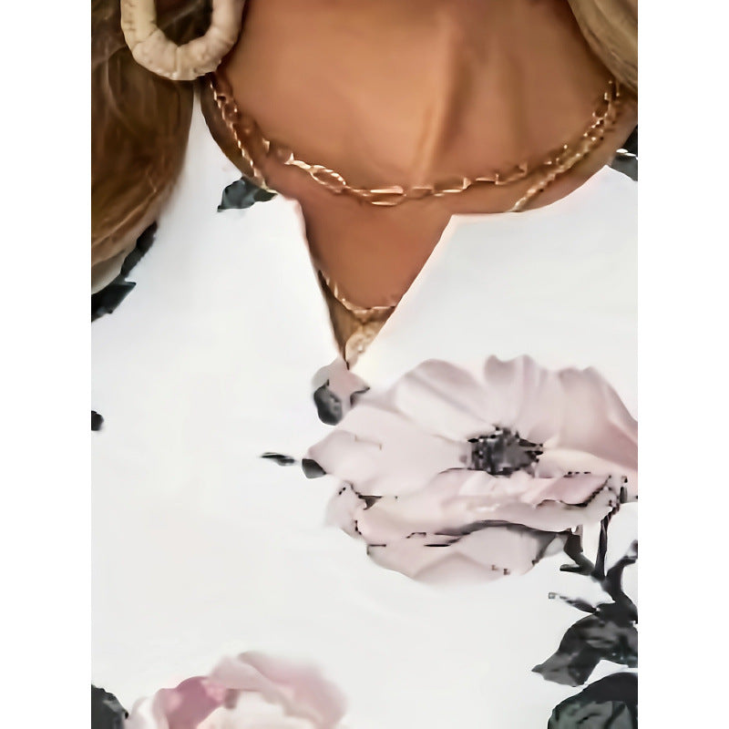 European And American Printed V-neck Sleeveless Dress With Belt