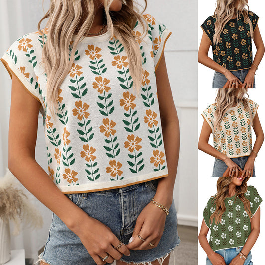 Midriff-baring Short Sleeve Color Block Round Neck Knitted Little Flower Sweater Short