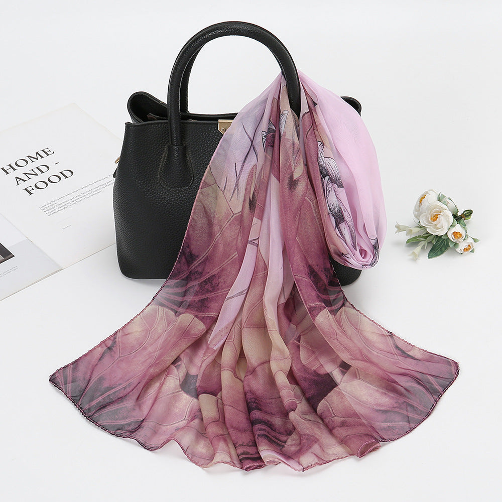 Thin Chiffon Lotus Pond Moonlight Printed Silk Scarf