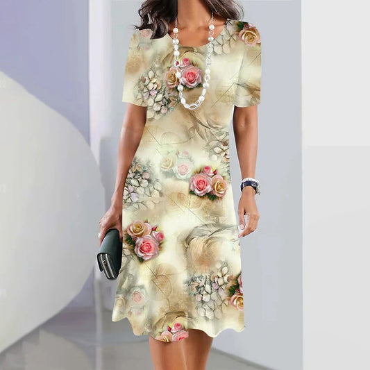 Flower Colorful Sweet Fresh And Loose Round Neck Dress