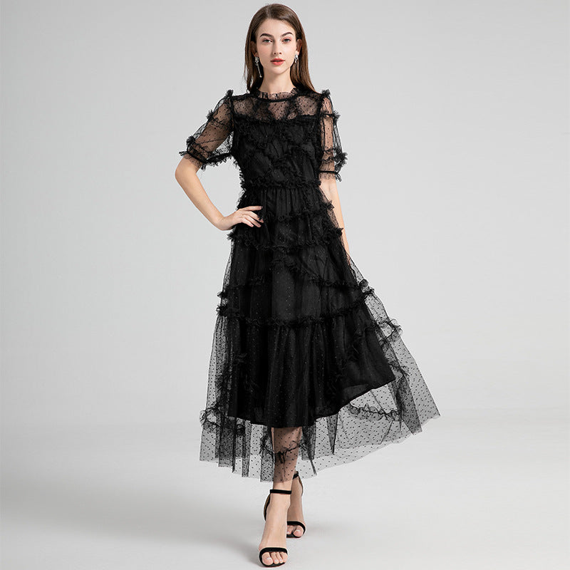 French Heavy Industry Retro Round Neck Short Sleeves Polka Dot Wooden Ear Swing Dress