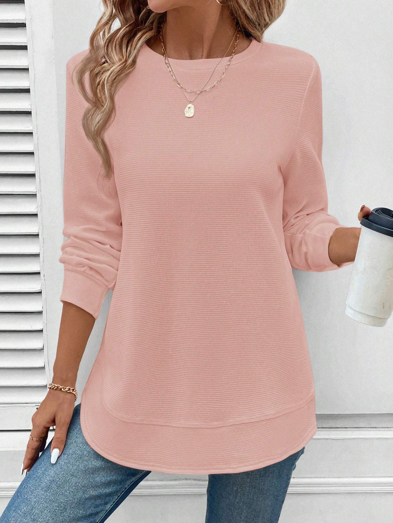 Women's Casual Comfortable Basic Crew Neck Asymmetrical Hem Waffle