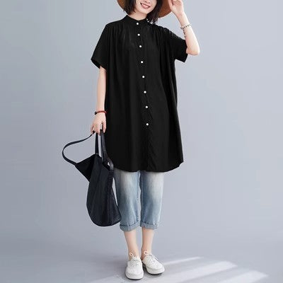 Women's Mid-length Short Sleeve Breasted Stand Collar Irregular Shirt