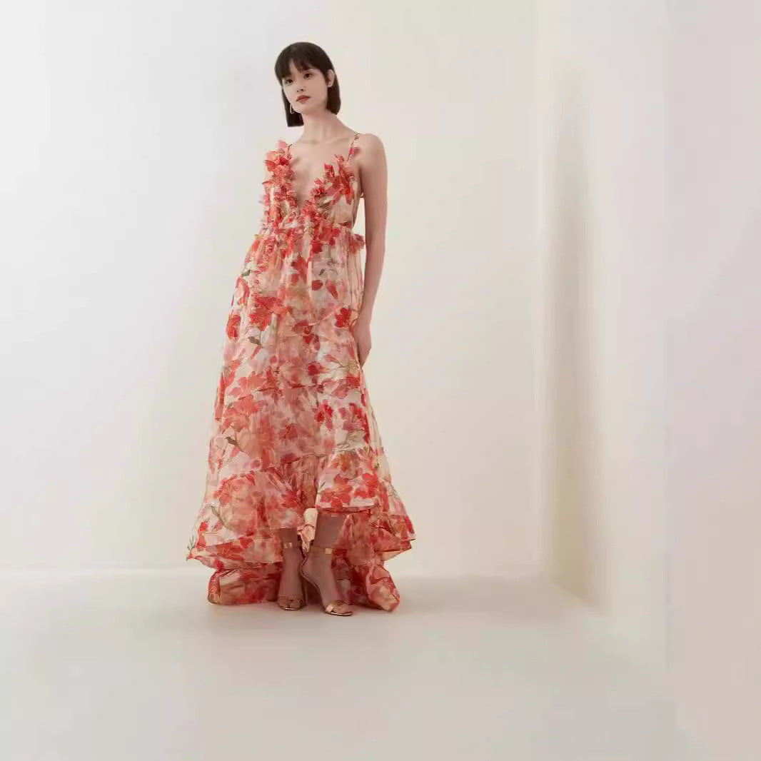 Off-the-shoulder V-neck Women's Clothing Spaghetti-strap Floral Print Long Large Hem Dress