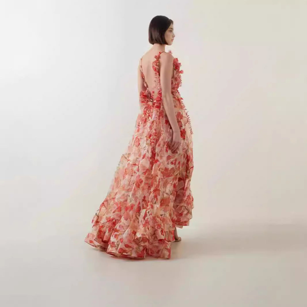 Off-the-shoulder V-neck Women's Clothing Spaghetti-strap Floral Print Long Large Hem Dress