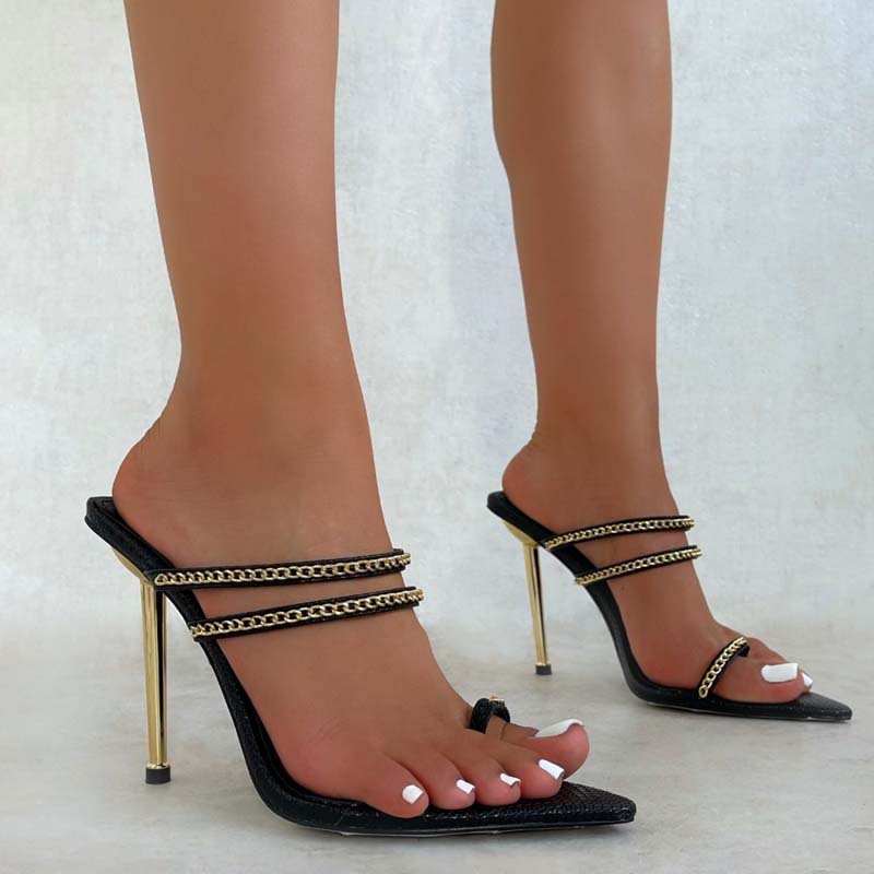Metal Chain Pointed Toe Fashion High-heel Sandals And Slippers