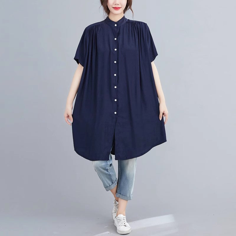 Women's Mid-length Short Sleeve Breasted Stand Collar Irregular Shirt
