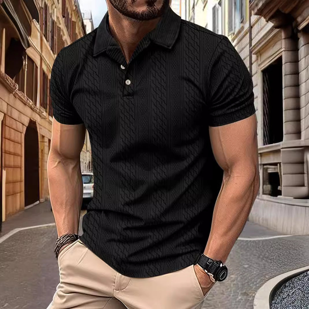 Simple Fashion Solid Color Polo Collar Men's Button Jacquard Short Sleeve