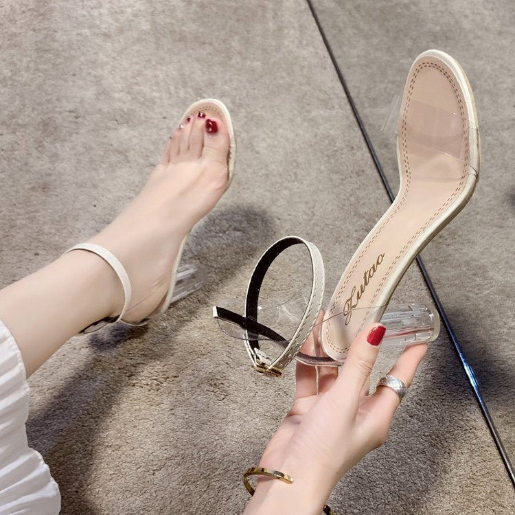 One-word Buckle Transparent Sandals With Crystal Chunky Heels
