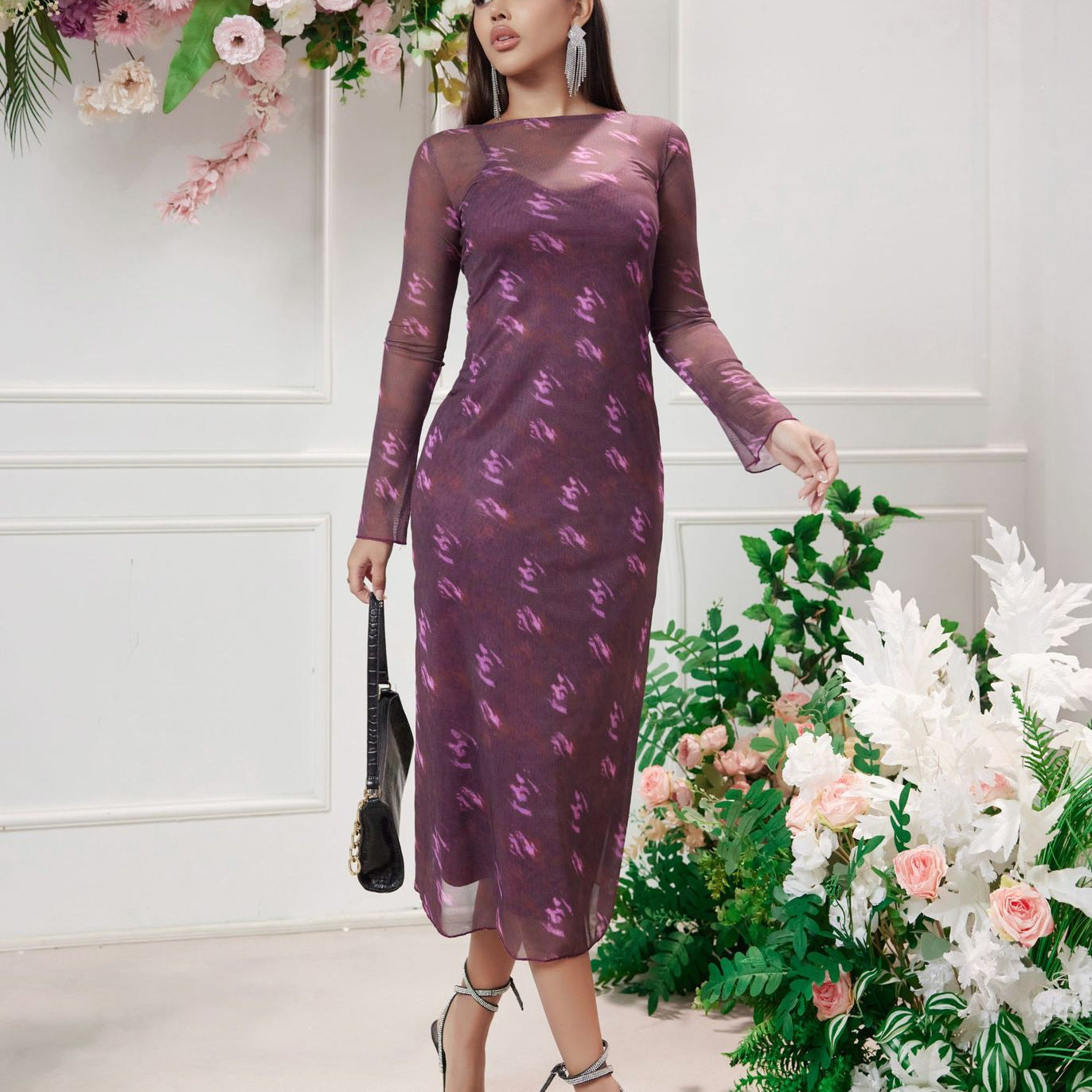 Women's Clothing Mesh Floral Print Dress Suit