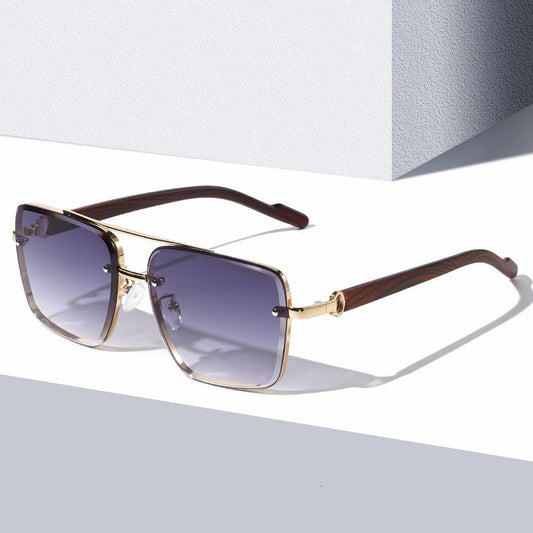 Metal Double Beam Frame Wood Grain Leg Sunglasses