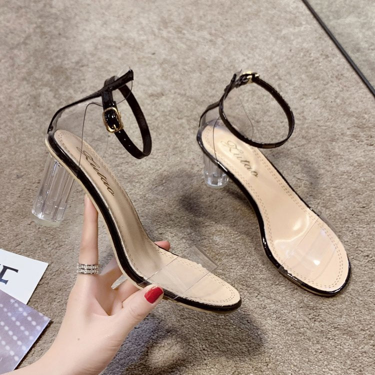 One-word Buckle Transparent Sandals With Crystal Chunky Heels