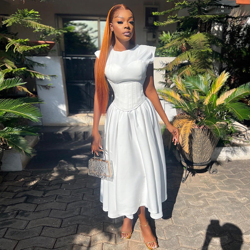 Round Neck Waist Cinched High Waist Fishbone A-line Skirt