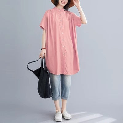 Women's Mid-length Short Sleeve Breasted Stand Collar Irregular Shirt
